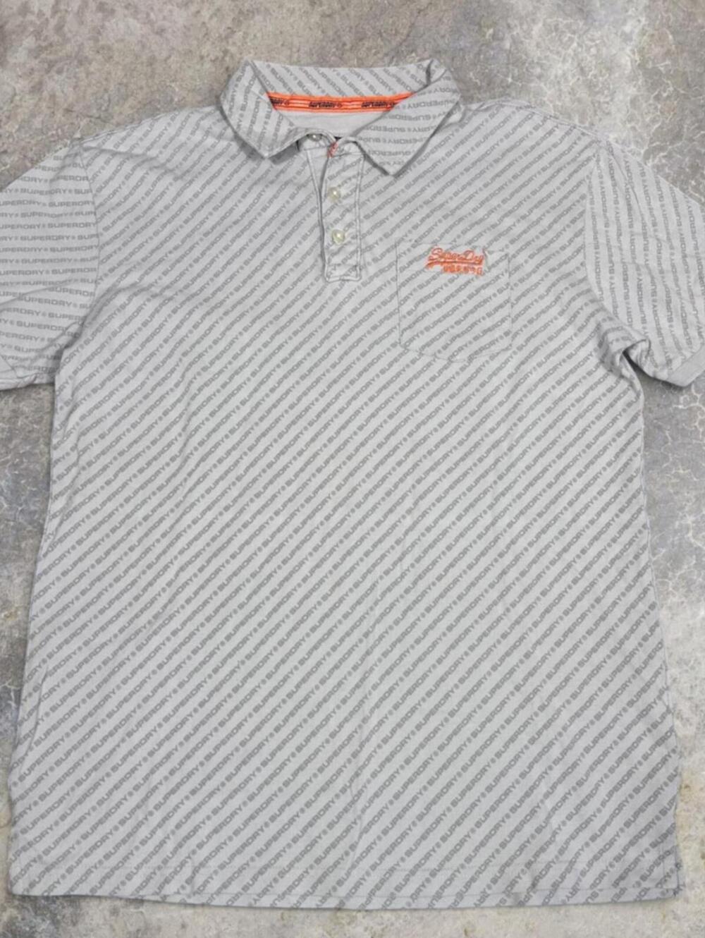 Superdry Pique Polo Shirt Men’s Sz L | Gray | Logo Spellout